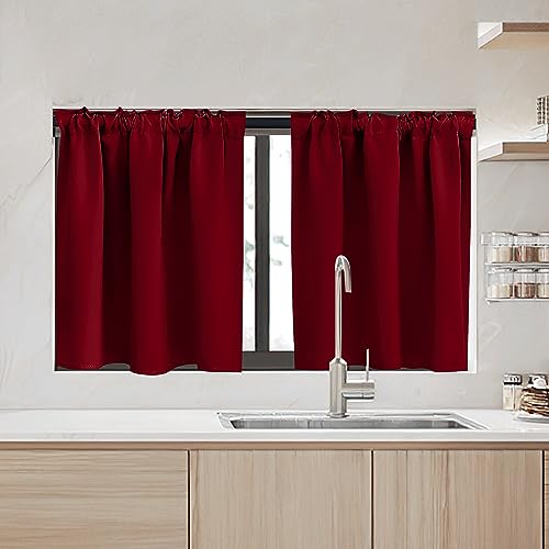 Image of RYB HOME Small Window Curtains - Blackout Insualting Privacy Curtains for Kids Bedroom Kitchen Bathroom Basement Cafe Cabinet Tiers Drapes, 34 Width x 24 Length, 2 Panels, Burgundy Red