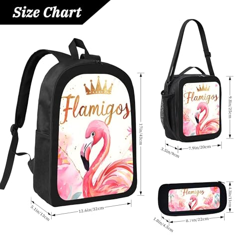 Cute Pink Flamingo 3 Pcs 17 Inches Backpack Set with Insulated Lunch Bag And Pencil Pouch Large Back Pack for Men Women Lunchbox Pencil Case Waterproof Backpacks Lunch Box 3 Piece Daypacks4