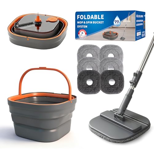 Collapsible Mop and Bucket Set Spin Mop with Separate Dirty and Clean Water 6 Replaceable Mopping Pads with Foldable Handle Deep Cleaning Mops and Buckets for Household Use Floor Cleaning
