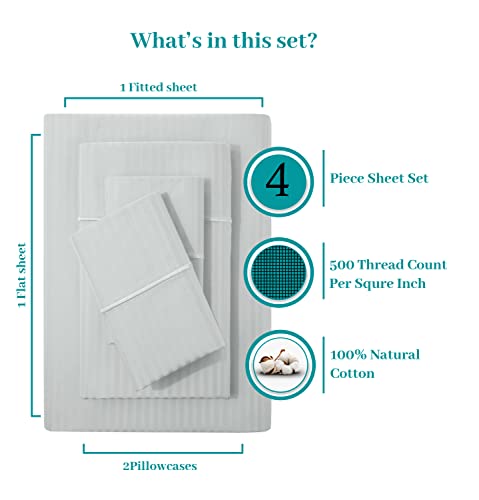 Feather & Stitch Queen Size Damask Bed Sheets|100% Soft Cotton Breathable Bedsheet 4 Pc Set 18" Deep Pockets 500 Tc Sateen Weave Striped Bedding Mattress Resort Hotel Luxury Decor|Blue Blush #TOP2