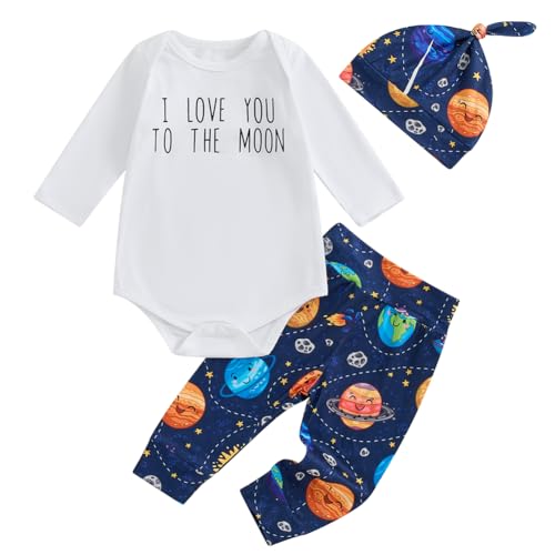 Image of Canis Newborn Baby Boy Coming Home Outfit I Love You to the Moon Bodysuit Space Planets Pants Hat 3pcs Clothes Set