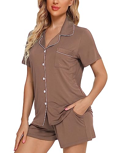 Image of Pjmlifecoco Women's Modal Pajama Set Short Sleeve Button Down Two Piece Soft Sleepwear with Shorts Loungewear S-XXL