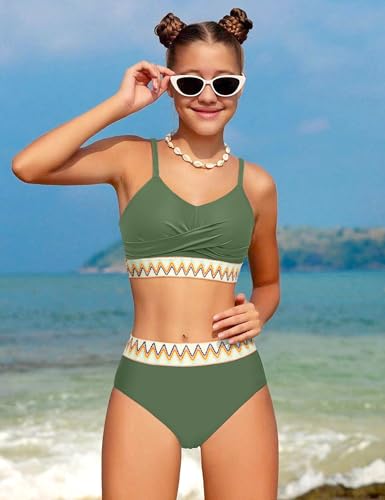 Image of Girls Swimsuit 2 Piece Teen Criss Cross Bikini Set Woven Color Block Welt Bathing Suit for Girls Swimwear 9-18T