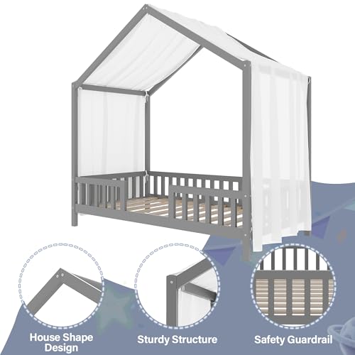 Image of Twin Size Wood House-Shape Platform Bed with Roof Frame and Canopy, Montessori Floor Bed with High Railings and Slat Support for Kids Girls Boys, No Box Spring Needed (Grey-05, Twin)