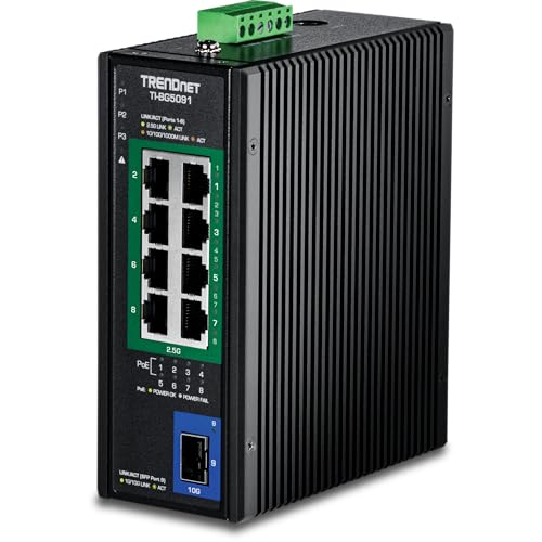 Image of TRENDnet 9-Port Industrial 2.5G DIN-Rail PoE++ Switch with 10G SFP+ Port, TI-BG5091, Multi-Gigabit, 8 x 2.G PoE++ Ports, 1 x 10G SFP+ Port, 480W PoE Power Budget, 60Gbps, Lifetime Protection, Black