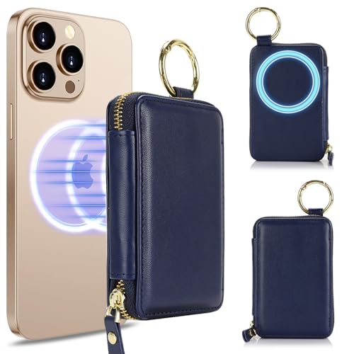 Image of Compatible with MagSafe Wallet,Magnetic Phone Wallet Card Holder for iPhone 17 /16 Pro Max /15 plus /14 Pro /13 /12 Series,PU Leather Zipper Pocket Adjustable Stand-Blue