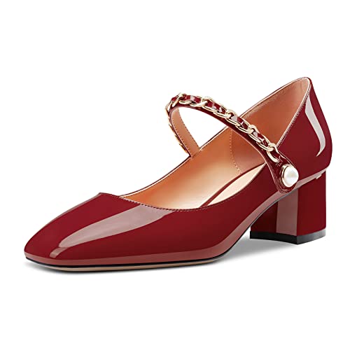 Saekcted Femmes Bloc Chunky Bas Talon Heel Carré Bout Mary Jane Escarpins Slip-on Classique Dress Mariage 5 CM Heels Chaussures Bourgogne Rouge 38 EU Cover