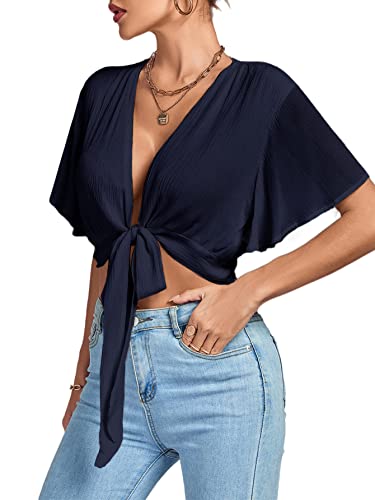 Image of LYANER Women's Sexy Deep V Neck Tie Front Wrap Cropped Blouse Bell Short Sleeve Ruffle Crop Tops