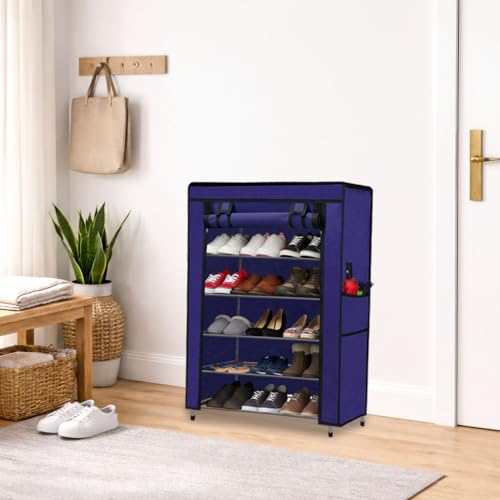 Image of Metal Shoe Stand with Cover, 5 Tier Shoe Organizer for Home & Office - Blue