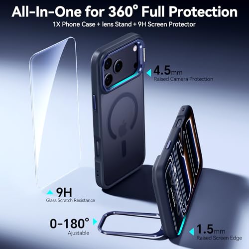 Image of for iPhone 17 Pro Case with Stash Lens Stand and 9H Screen Protector, Compatible with MagSafe, Military-Grade Drop Protection Phone Case for iPhone 17 Pro, 360 Full Protection, Deep Blue