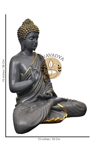 Image of Beautiful Sitting Buddha Idol Statue for Home & Garden Living Room | Healing Spirit Blessing Buddha Statue - 15 Inch Size (Grey+Gold)