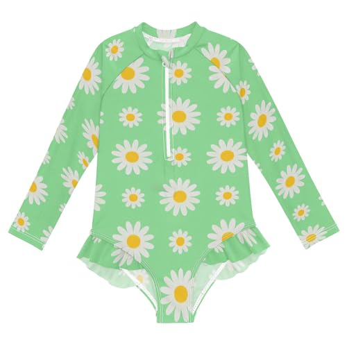 Swim Suit Long Sleeves 1 Piecing Lovely Daisy Floral Green White Rash Guard for Girls Toddler Bathing Suit