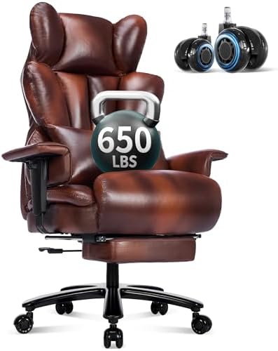 Big and Tall Office Chair with Footrest 650LBS,Large Heavy Duty Executive Office Chair-Wide Seat,Ergonomic High Back Computer Chairs for Heavy People,Adjustable Lumbar Support,Dual Rubber Wheels,Brown - Thumbnail 2
