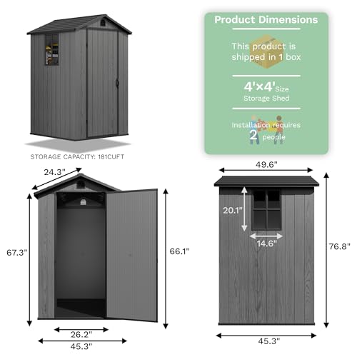 Image of Greesum 4x4FT Plastic Outdoor Storage Shed with Floor, Dark Gray
