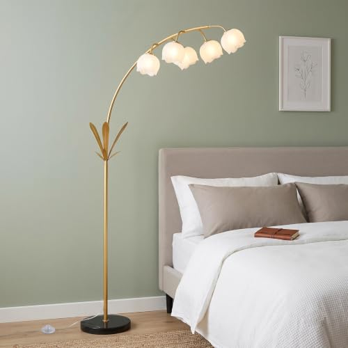 Image of HMVPL Gold Floor Lamp for Living Room, Flower Floor Lamp with 5 G9 LED Bulbs, Foot Switch, Arc Tall Lamp with Acrylic Shade, Marble Base, Mid Century Standing Lamp for Living Room Corner Bedroom Home