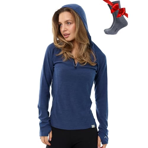 Merino.tech Merino Kapuzenpullover Damen - Merino Hoodie Thermo Shirt Damen Langarm mit Kapuze (Medium 190 Windsor Blue)