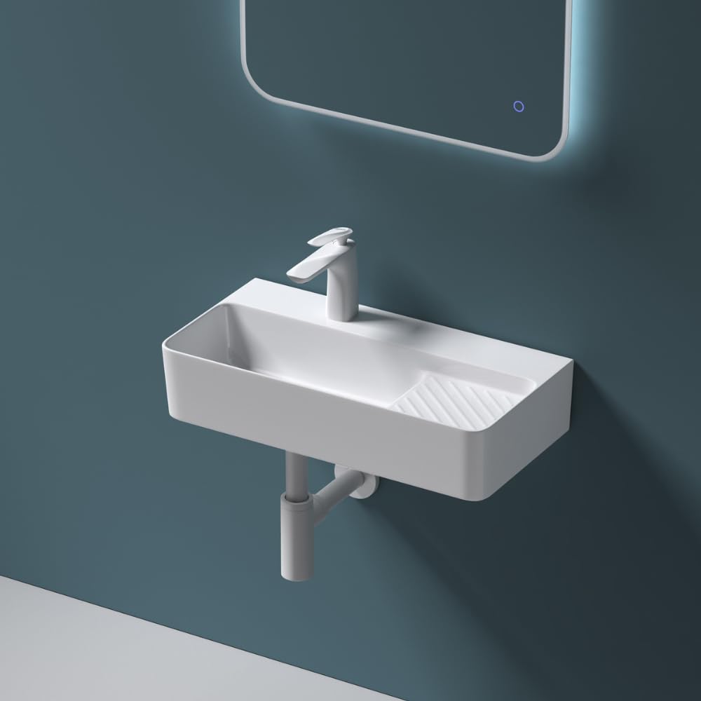 Db Durovin Bathrooms Glossy White Durovin Bathrooms Ceramic Basin - Wall Hung Or Counter Top Mount Sink - Single Tap Hole With Drainboard - Rectangular 450 X 305Mm (Wxd)