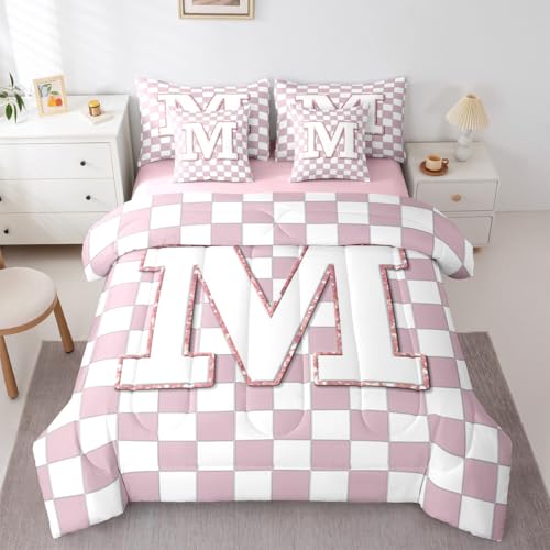 Image of Erosebridal Pink Initial M Queen Bed in A Bag 7 Piece Kawaii Plaid Checkered Comforter Set with Sheets Cute Personalized Monogram Bedding Sets for Kids Girls Teen Women,Fashion Grids Gingham Bed Set