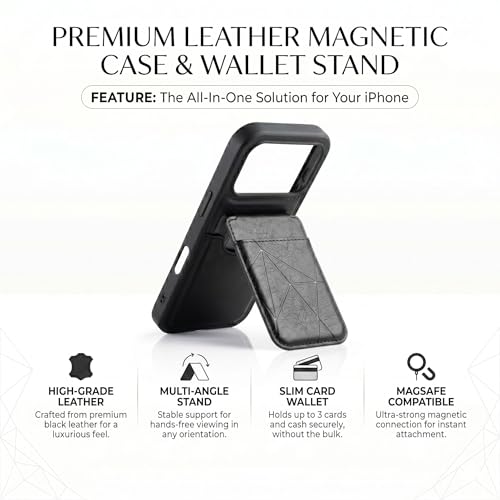 Image of amazon basics Premium Vegan Leather Back Cover with Card Holder and Integrated Mobile Stand for iPhone 17 Pro - Slim Shockproof Wallet Case with Geometric Stitching [Black]