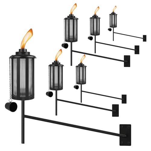 FALBAWR 6 PCs Wall Mounted Citronella Torches for Outside, Metal 16 oz Garden Torches, Outdoor Garden Decorative, Easy Refillable Metal Torch for Patio, Deck, Garden, Yard, Black,