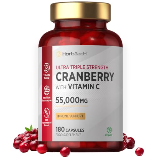 Cranberry Capsules 55 000mg | High Strength Cranberry Extract with Vitamin C | 180 Vegan Capsules | Supplement for Women & Men | by Horbaach