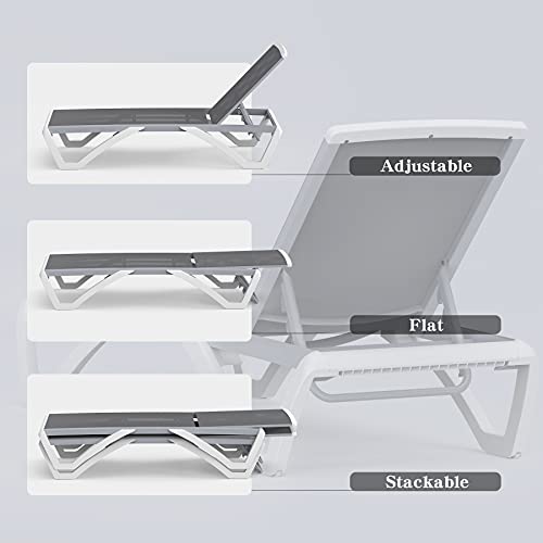 Image of Domi Patio Chaise Lounge Chair Set of 3,Outdoor Aluminum Polypropylene Sunbathing Chair with Adjustable Backrest,Arm,Side Table,for Beach,Yard,Balcony,Poolside(2 Grey Chairs W /Table)