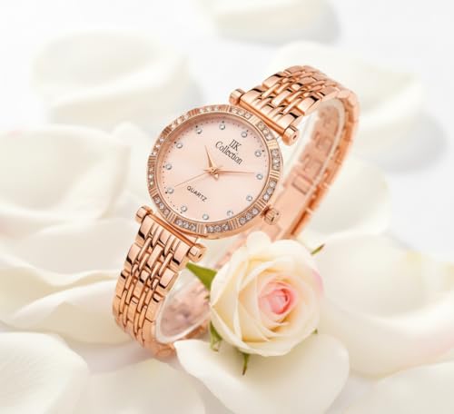 Image of IIK COLLECTION Watches for Women Round Studded Dial |Analogue Quartz Movemnet Ladies Watch|Long Battery Life|Stainless Steel Adjustable Bracelet Chain Strap|Double Lock Clasp Safety Watches for Girls