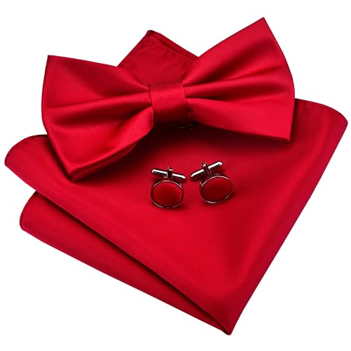 GUSLESON Red Bow Tie and Pocket Square Cufflink Set for Wedding Mens Solid Pre-tied Bow ties (0570-44)