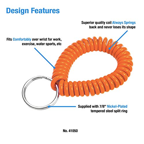 Image of Lucky Line 2 inch Spiral Wrist Coil with Steel Key Ring, Flexible Wrist Band Key Chain Bracelet, Stretches To 12 inch Orange, 10 Pack (41050)