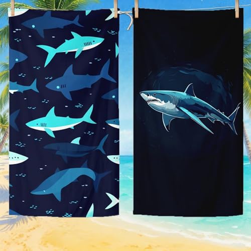 Toalla Playa 100x220 cm Toallas de Playa Microfibra ,Toallas Baño Grandes, Secado Rápido Absorbente Suave Sin Arena Compacta Beach Towel para vacaciones Picnic Piscina Esencial con Bolsa Tiburón Q-768