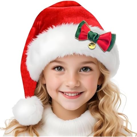 Asekonc Santa Hat Kids Red Velvet Santa Claus Hat Christmas Hat For Boys Girls Christmas Xmas New Year Party Supplies Cover