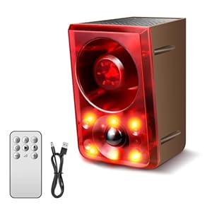 Solar Outdoor Motion Sensor Alarm, Dog Barking&Gunshot Sound,130db Loud Noise Maker,Support Recording,13 Kinds of Sound and Strobe Light to Deter Raccoons, Deer, Skunks, Bears, and Coyotes