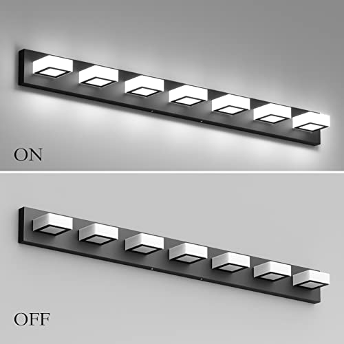 Image of Ralbay 46 inch LED Modern LED Black Vanity Lights Fixtures 7 Lights Acrylic Matte Black Vanity Lights Modern Black Bathroom Wall Lighting Over Mirror