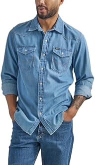 Wrangler Mens Iconic Denim Regular Fit Snap Shirt
