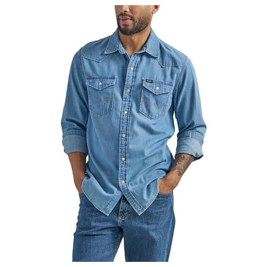 Wrangler Men's Iconic Denim Regular Fit Snap Shirt, Lake Wash, Large