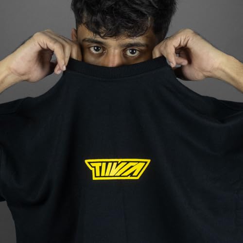 Image of TIIVRA Torque Black Biker Oversized Tshirt Half Sleeve for Men, Cotton, Drop Shoulder, Graphic Printed, Round Neck, High GSM, Back Printed, Black & Yellow Design