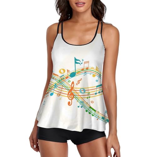Ensemble bikini avec short de garçon imprimé notes de musique colorées femme