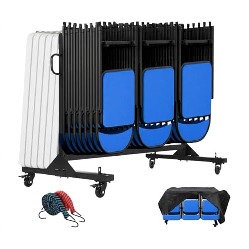 Folding Chair Cart Storage Rack on Wheels, 400Lbs Capacity Heavy Duty Rolling Rack for 42 Chairs or 12 Tables, with Locking Wheels,Rain Cover,Elastic