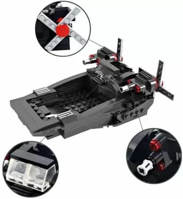 Close-up view of the military boat model assembled from building blocks, showing the deck, cabin, and propulsion elements.