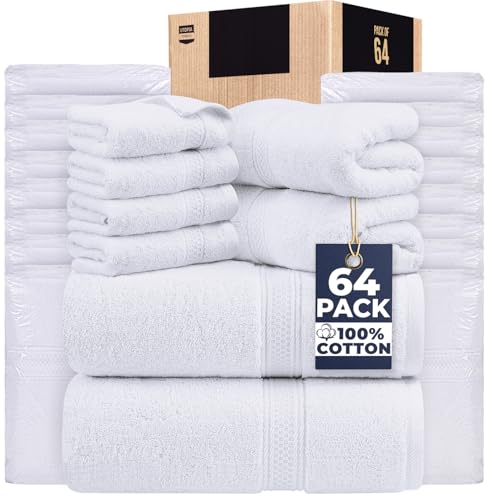 Image of Utopia Towels Set, 16 Bath Towels, 16 Hand Towels, and 32 Washcloths, 600 GSM Ring Spun Cotton Highly Absorbent Towels for Bathroom, Shower Towel, (Pack of 64) (White)