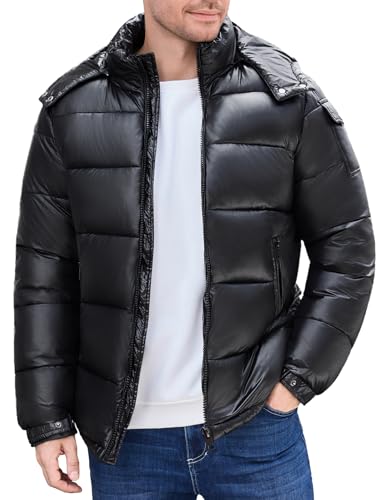 Yusongirl Men Shiny Puffer Jacket Black Waterproof Hooded Outerwear Zip Up Winter Coat Warm Detachable Hoody Travel Puffy Clothes