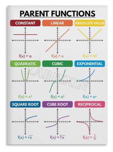 Algebra Parent Functions Tin Sign Math Knowledge Poster 8x12 Inch | Clear function graph display for homework station and dorm r