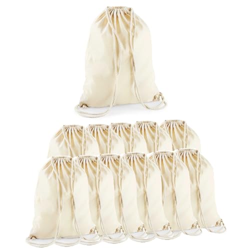 minimutz 12er Packung Turnbeutel Baumwolle zum Zuziehen - Baumwollbeutel zum Bemalen Bedrucken - Sportbeutel Gymbag Jute Rucksack - 12L - 37x46cm