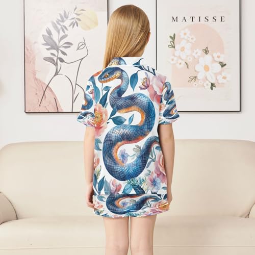 Satin Pajama Sets Short Sleeve Watercolor Floral Snakes Button Down Silky Nightwear 2 Piece PJS 5-14Y4