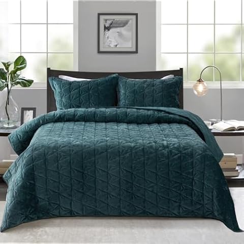 Lamberia 3 Pcs Velvet Quilt Set Bedding Set Warm Comforter Soft Coverlet for Autumn and Winter Queen Size King Size Pink Dark Green Camel (Dark Green, King) Cover