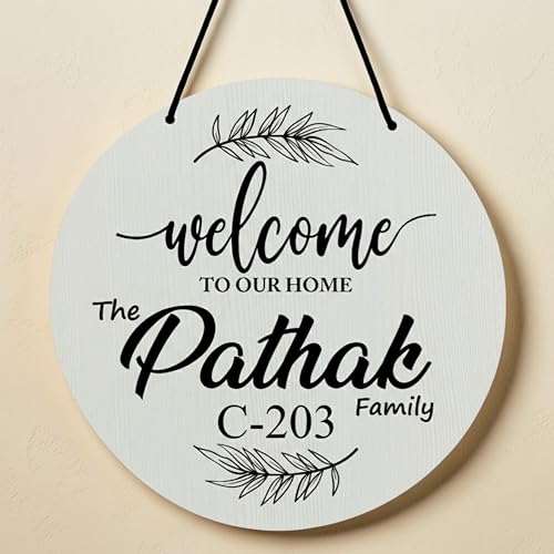 Image of P Arts Personalized Door Name Plate for Home Entrance Round Shaped 10x10 Inch Name plate for home entrance, Door name plates MDF Wood, Black & White