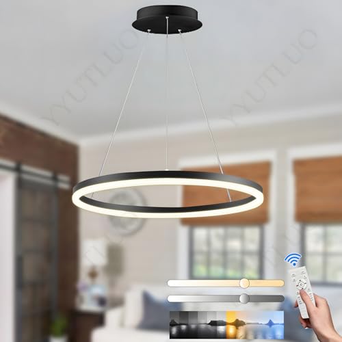 YYUTLUO Lustre LED Moderne DIY Cercle, 1 Noire Anneaux, 60cm=29W， H150cm Hauteur Réglable, Métal+Acrylique, Télécommande Intensité Variable Lampe, Suspendue Plafond Ronde Salon Chambre Bureau