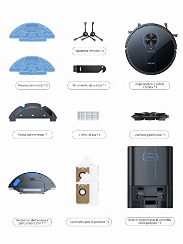 Laresar Robot aspirapolvere con funzione di pulizia, aspirapolvere automatico robot L6 Nex, batteria 200 min, potenza di aspirazione 3500 Pa, aspirapolvere 3L con stazione di aspirazione, carta