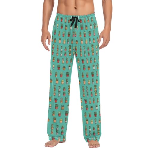 Men’s Cactus Pattern Pajama Pants with Pockets, Comfortable Lounge Sleep Bottoms#377