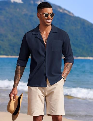Image of DEELMO Mens Casual Button Down Shirt Summer Beach Shirts Long Sleeve Cuban Collared Tropical Textured Shirts